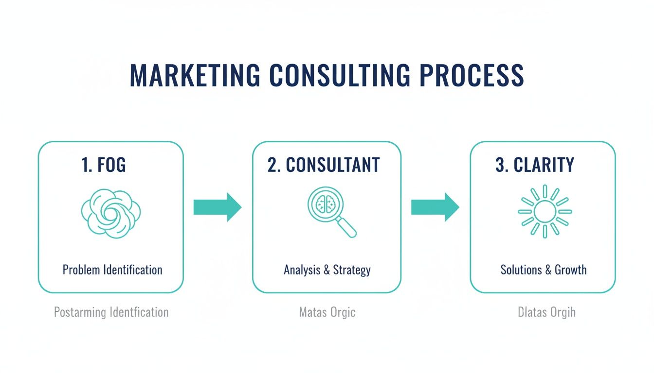 Diagram illustrating a three-step marketing consulting process: Fog, Consultant, and Clarity for growth.