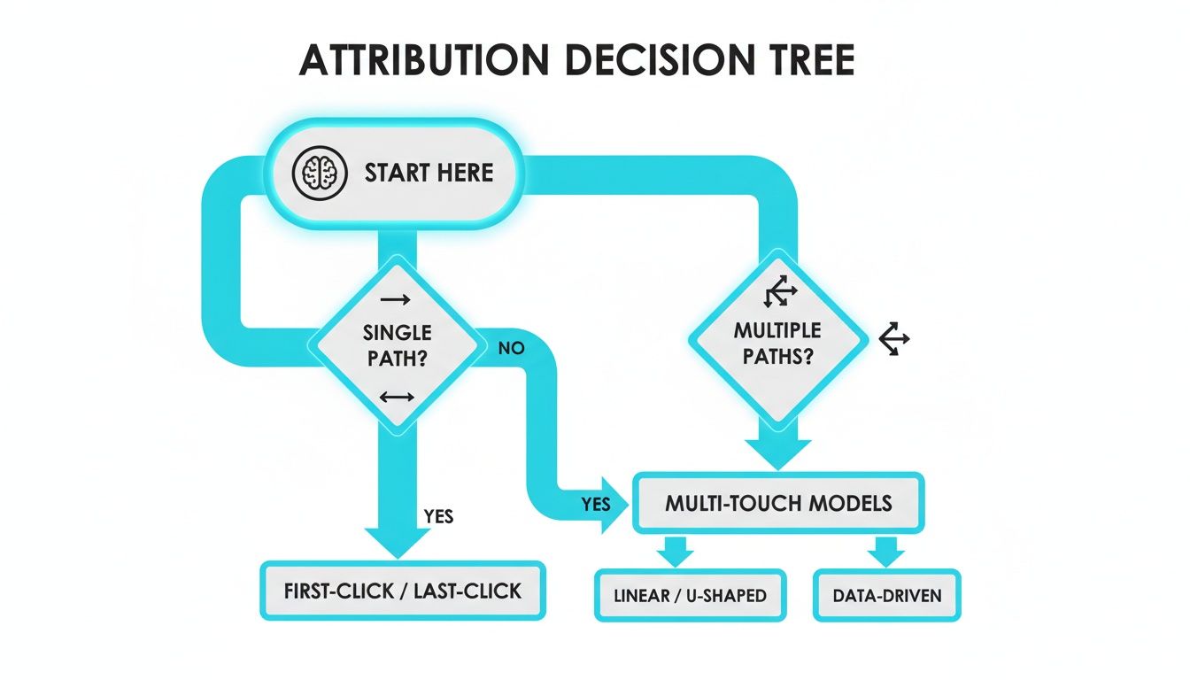 A marketing attribution decision tree flowchart illustrating choices between single-touch and multi-touch models.