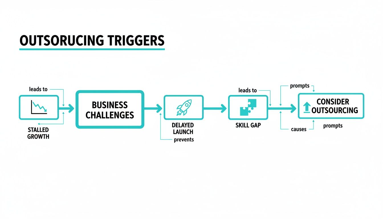 Flowchart detailing outsourcing triggers, showing how stalled growth, business challenges, and skill gaps lead to considering outsourcing.