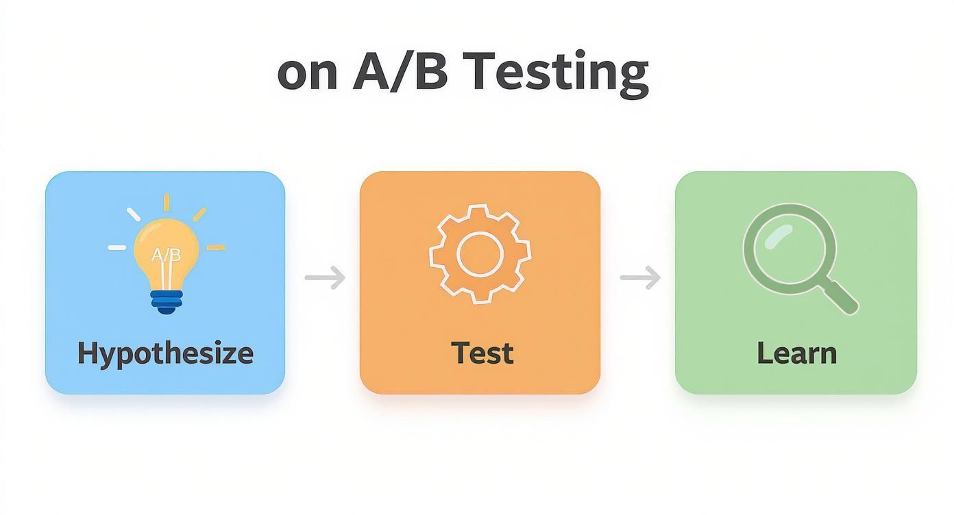 Infographic showing the A/B testing process flow with icons for Hypothesize, Test, and Learn.