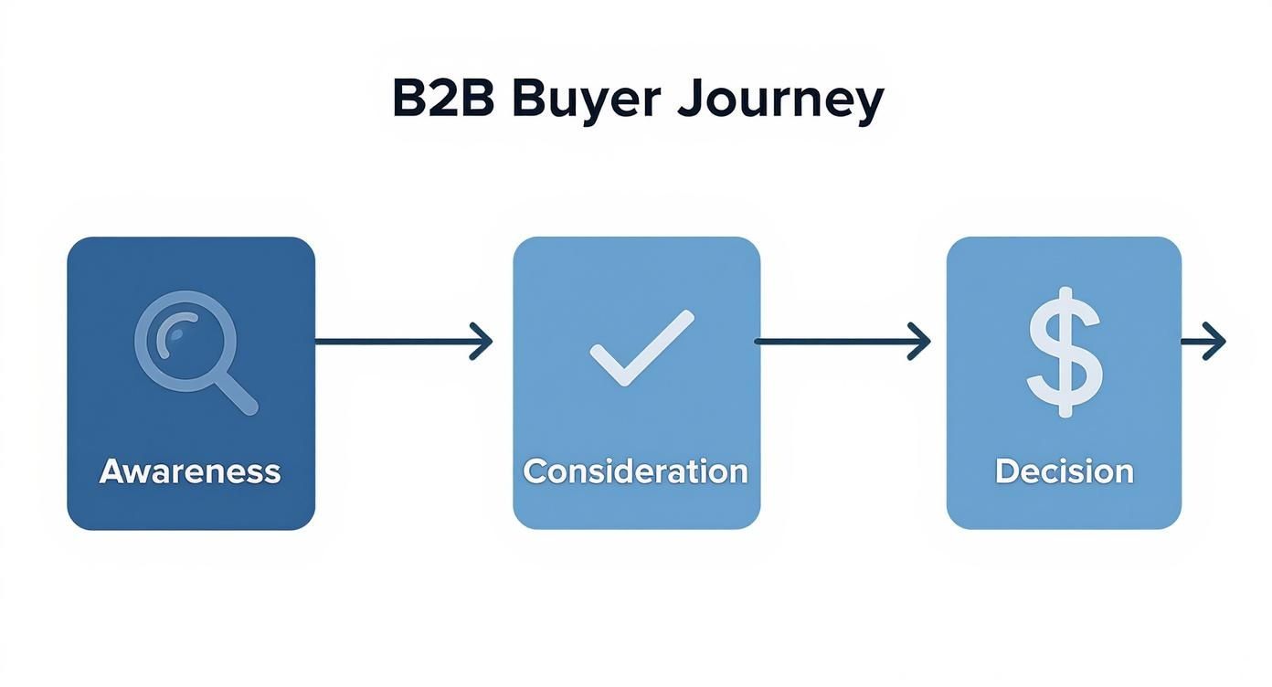 B2B buyer journey diagram showing three stages: awareness, consideration, and decision with icons and arrows