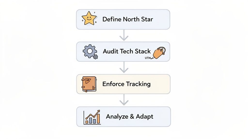 A four-step process flowchart: Define North Star, Audit Tech Stack, Enforce Tracking, and Analyze & Adapt.