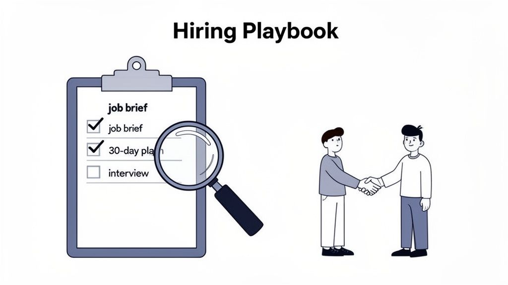 Illustration of a hiring playbook with a checklist, magnifying glass, and two people shaking hands.