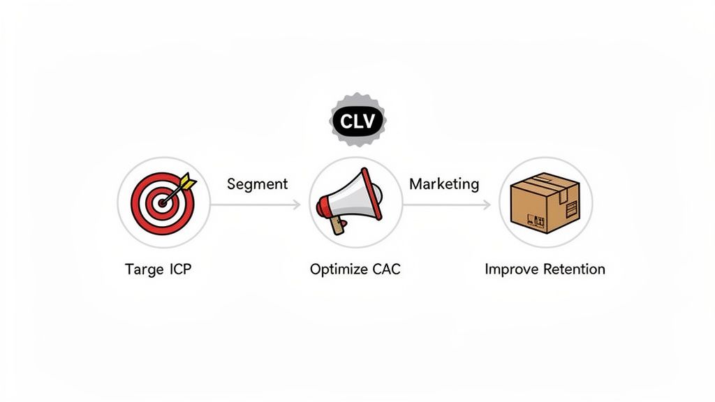 Flowchart illustrating a business strategy to enhance Customer Lifetime Value (CLV) by targeting ICP, optimizing CAC, and improving retention.