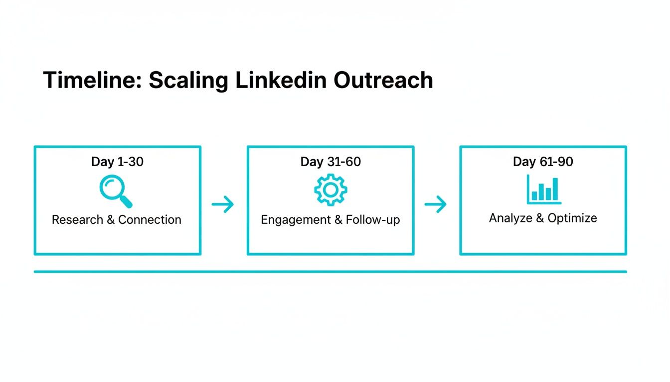 Timeline showing a 90-day plan for scaling LinkedIn outreach: Research, Engage, and Analyze phases.