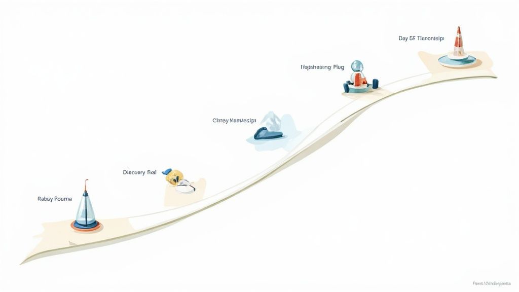 An abstract illustration showing a winding path with five unique, colorful markers along its journey.