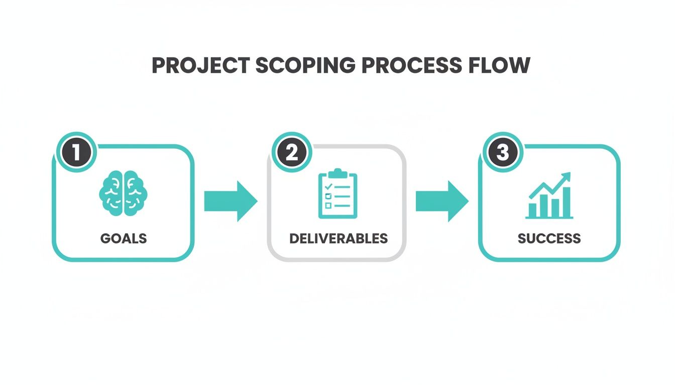 A project scoping process flow diagram with three steps: Goals, Deliverables, and Success.