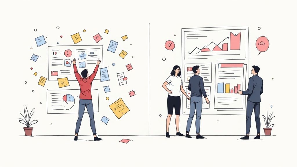 Illustration contrasting chaotic brainstorming with organized data analysis on whiteboards.