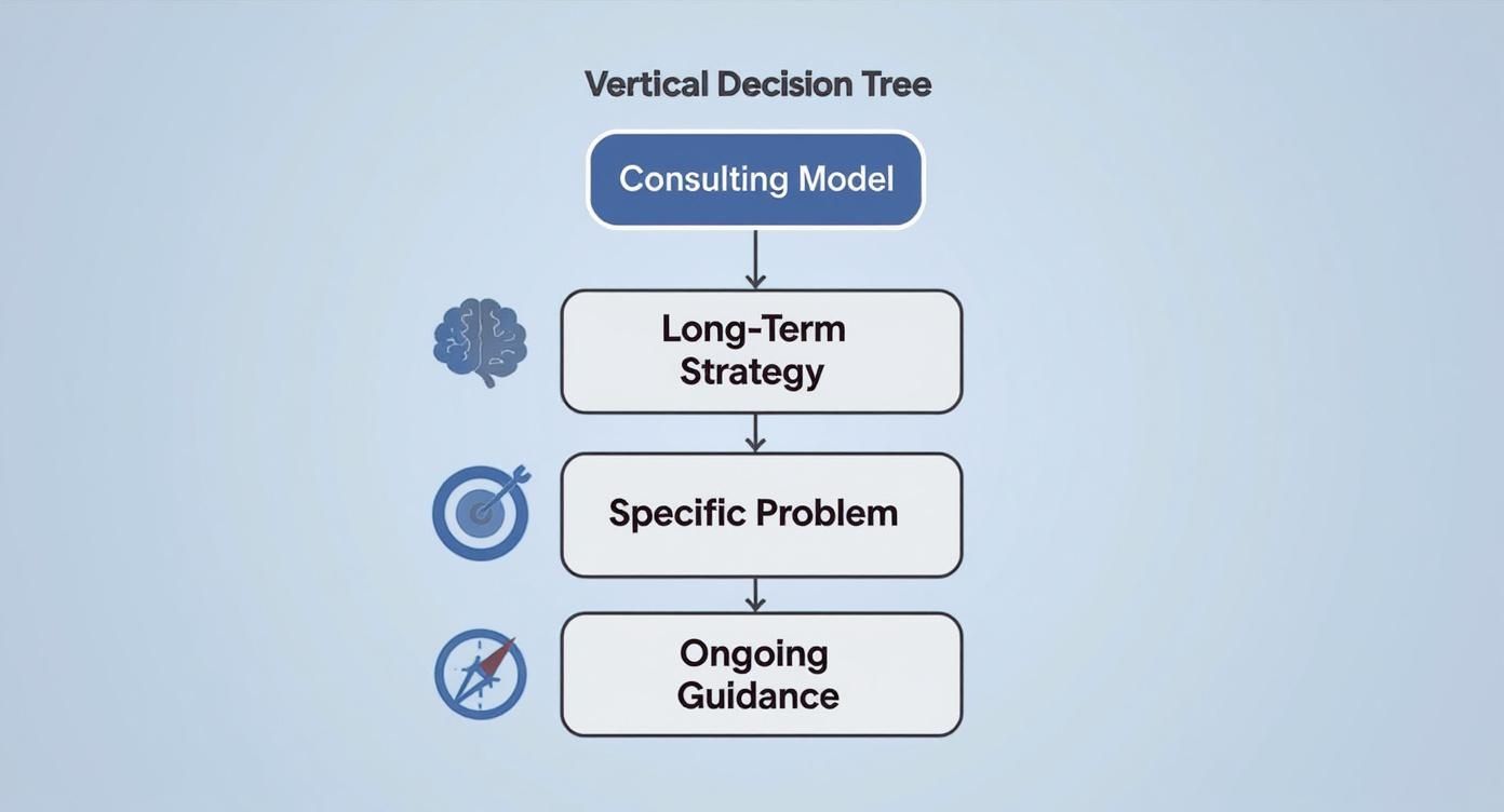 Infographic decision tree for choosing a marketing consulting model based on business needs.