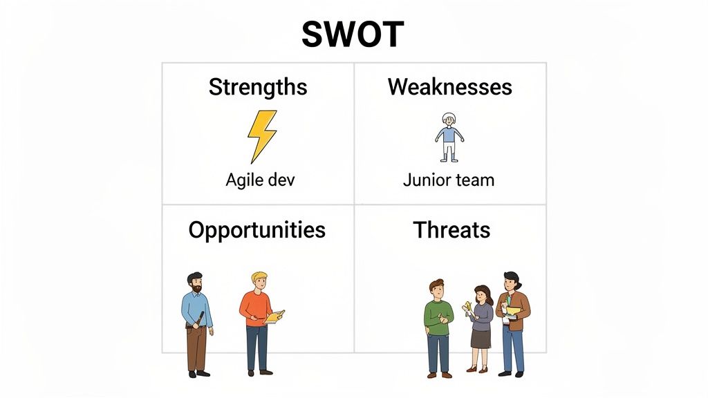 A SWOT analysis chart displaying strengths like agile dev, weaknesses like a junior team, opportunities, and threats.