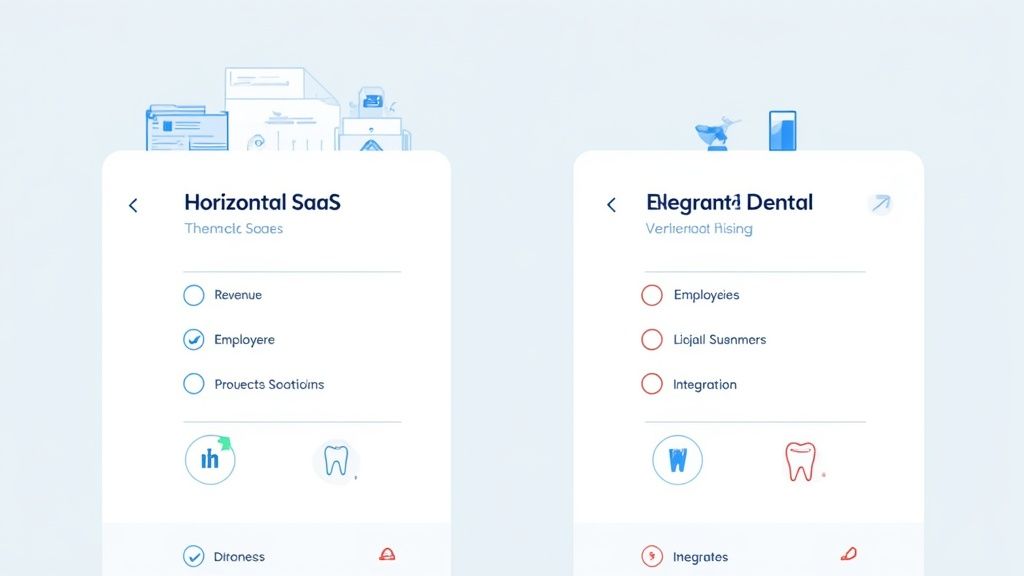 Two business comparison cards showing Horizontal SaaS and Blegrant Dental with metrics and integration icons