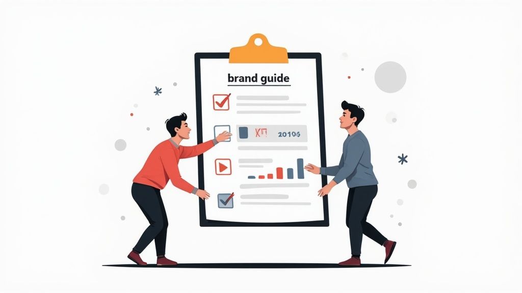 Two people collaboratively holding a large clipboard titled 'brand guide' with checklists and graphics.