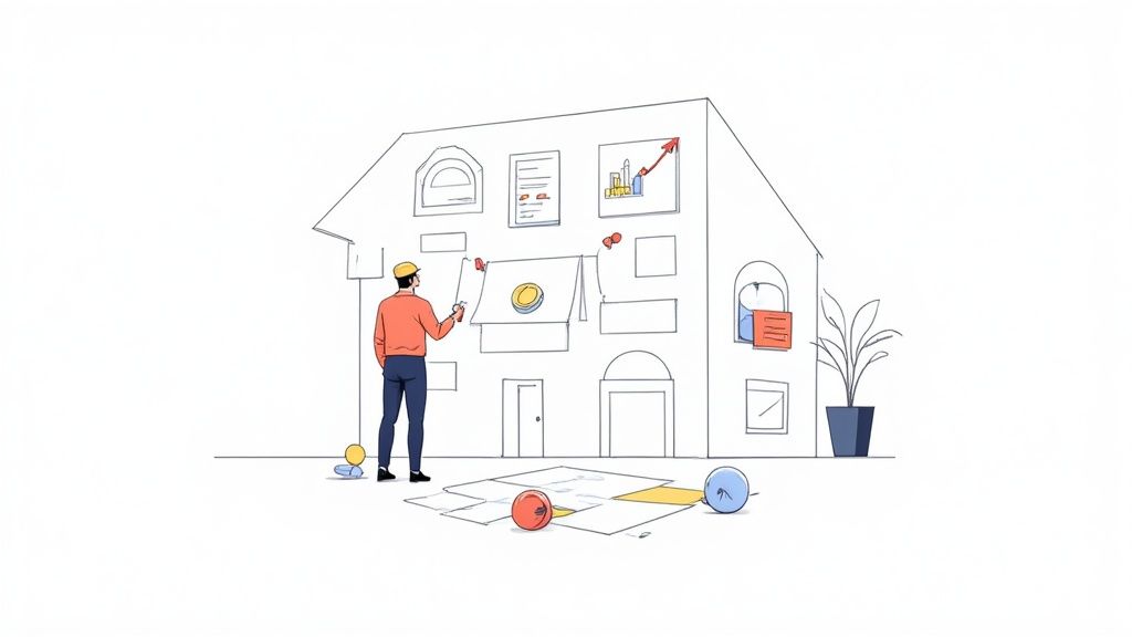 A man in a hard hat conceptualizes a building, adding elements of growth and business strategy.