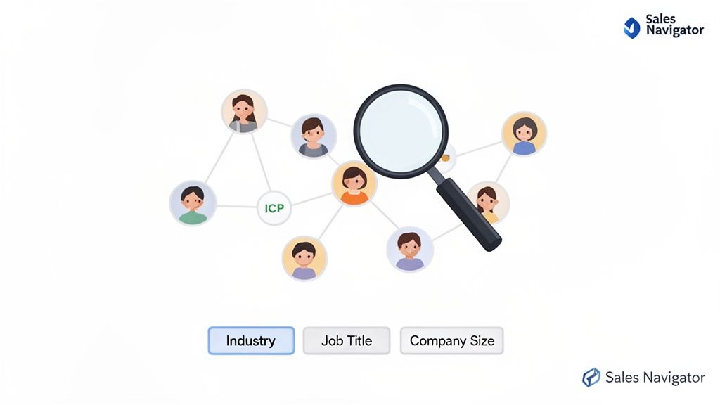 Sales Navigator graphic showing a network of people, an ICP, and search filters like Industry and Job Title.