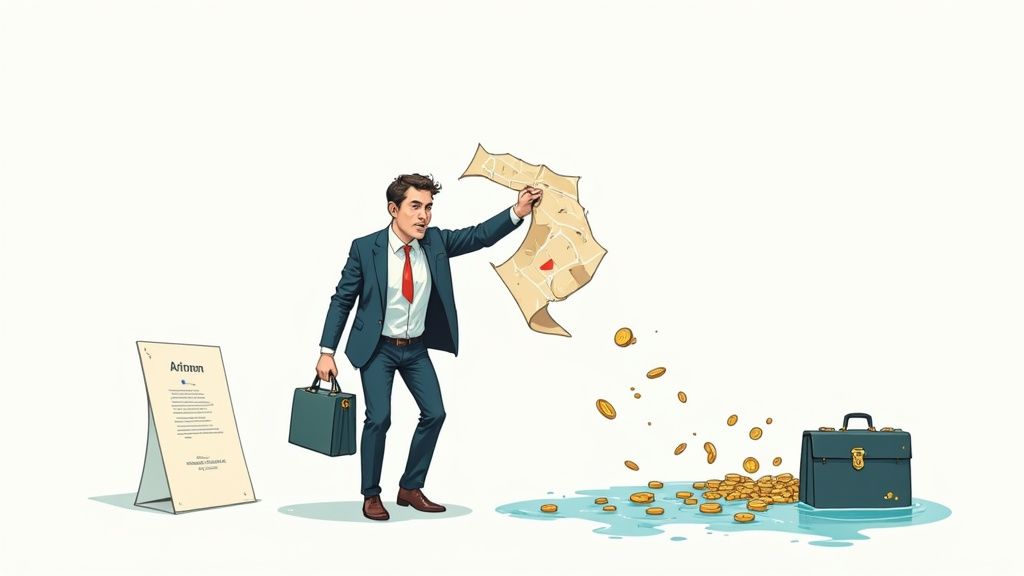 A person pointing at a flowchart with customer profiles, illustrating a strategic approach to customer targeting.