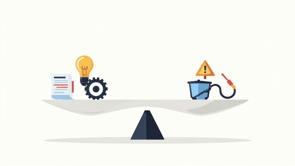 A balance scale illustrating innovation, ideas, and process on one side, balanced with risk and fuel on the other.