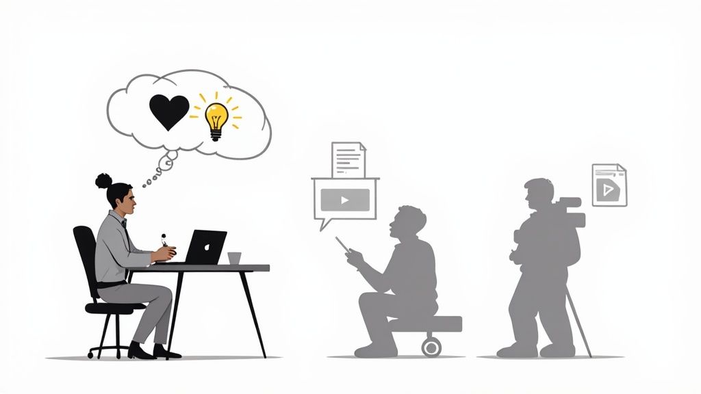 A group of professionals collaborating and connecting over a table with laptops and notes.