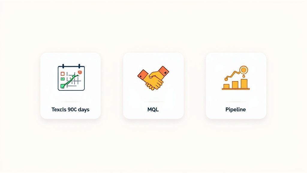Three cards with business icons: calendar for 'Texcls 90C days', handshake for 'MQL', and chart for 'Pipeline'.