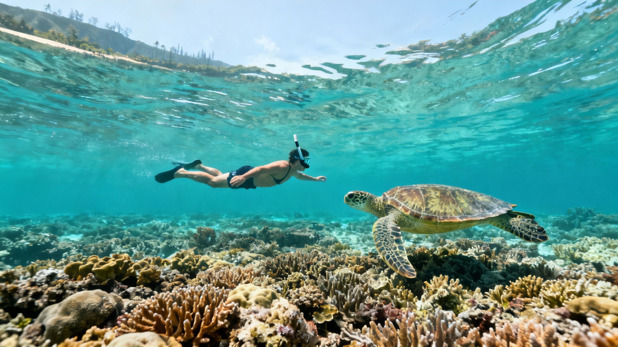 A snorkeler swims near a sea turtle over a vibrant coral reef in clear blue tropical waters.