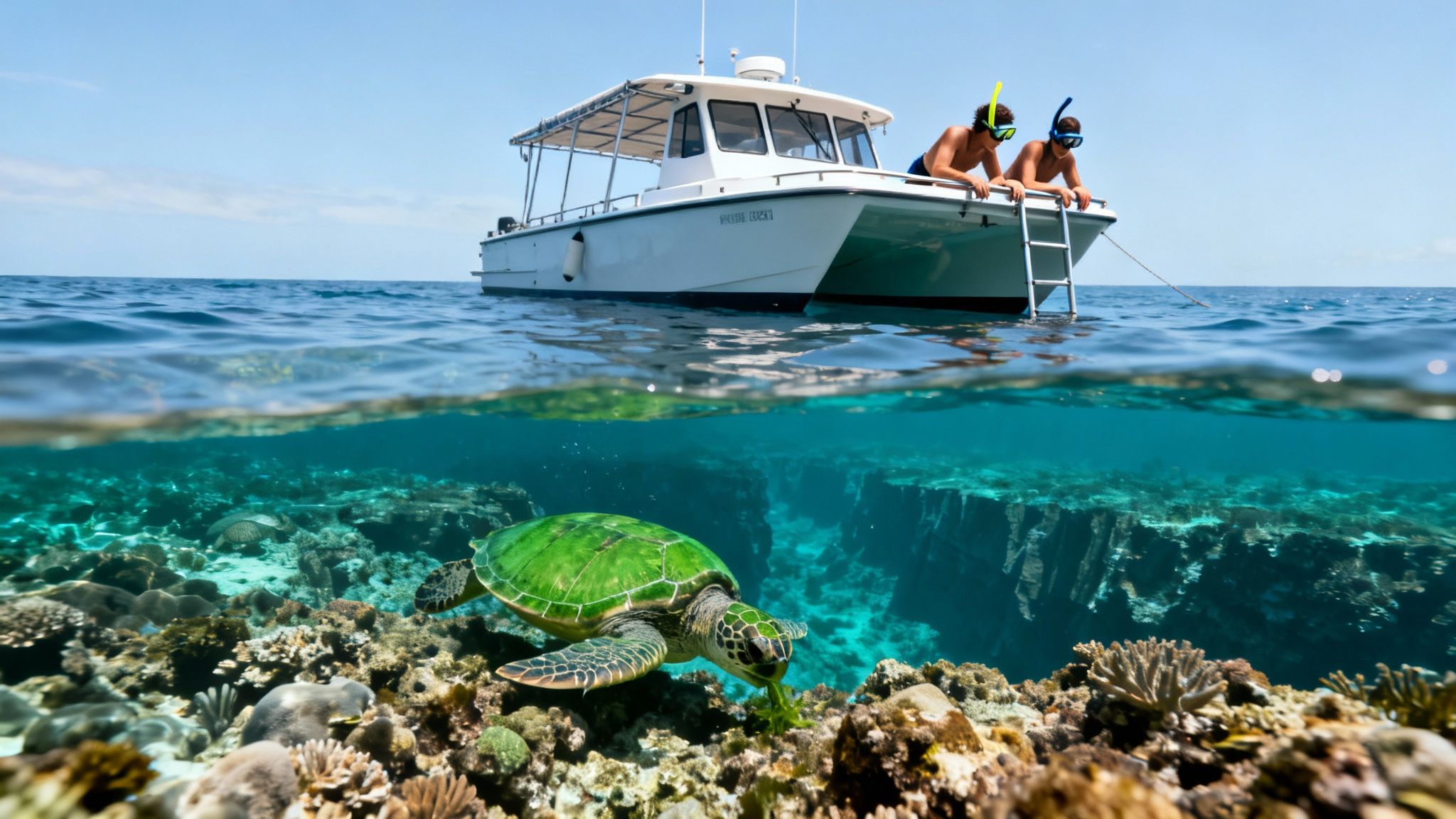 A split-level image shows two snorkelers on a boat above water and a green sea turtle eating coral underwater.