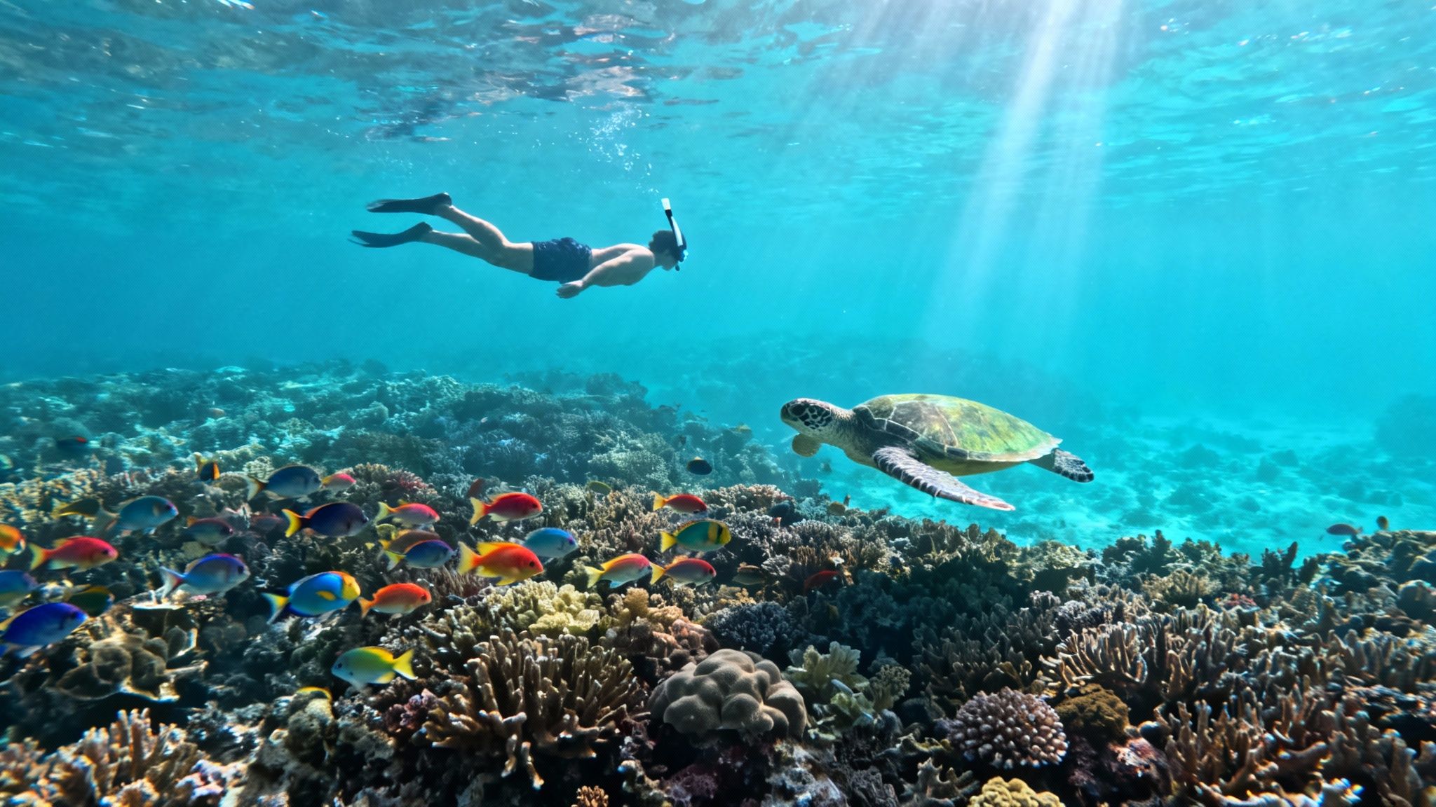 A person snorkeling above a vibrant coral reef with colorful fish and a green sea turtle.