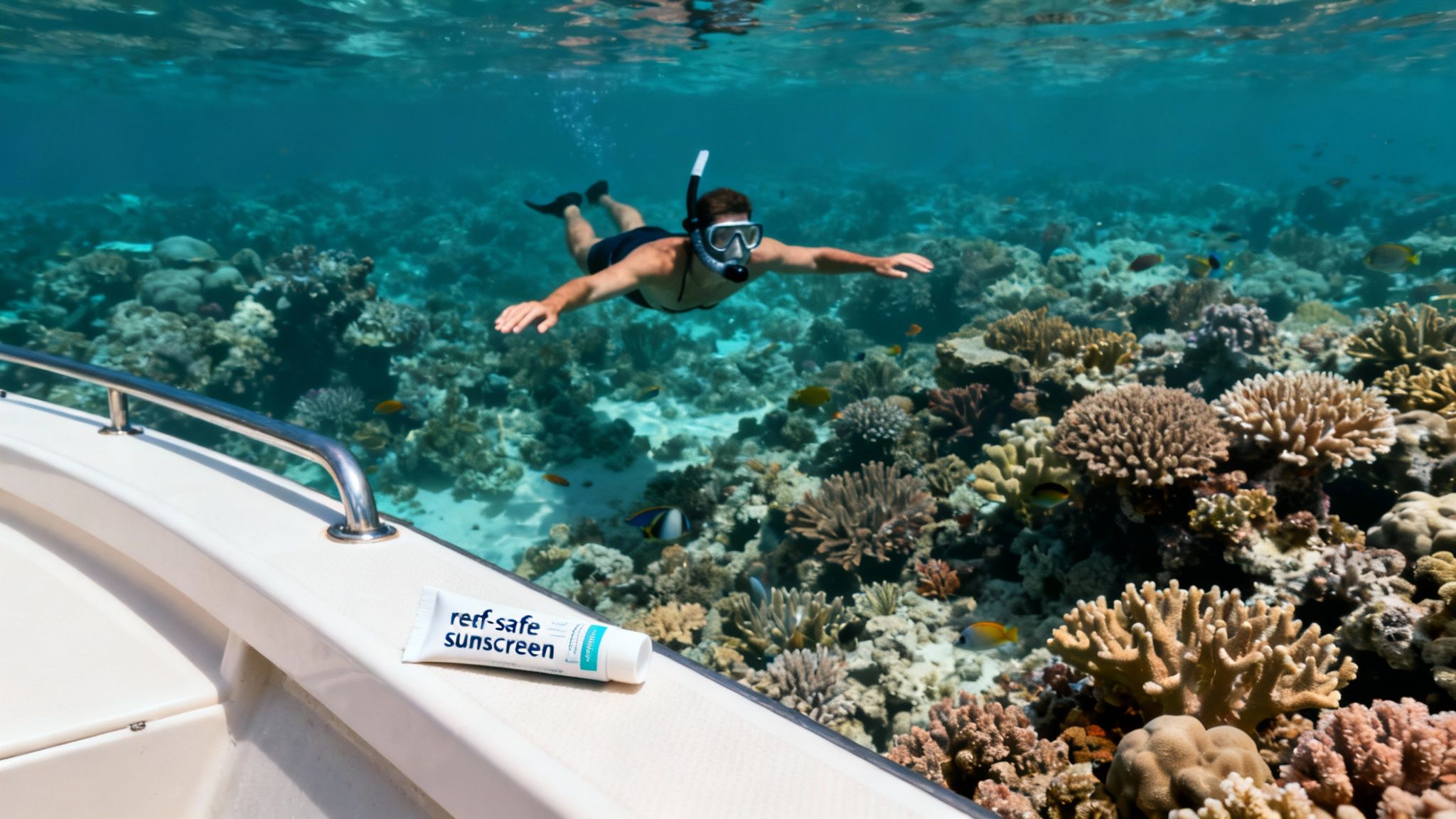 A person snorkels over a vibrant coral reef, while a tube of reef-safe sunscreen rests on a boat.