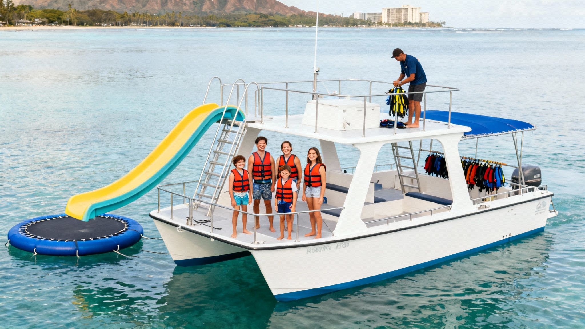 A family and crew on a catamaran boat equipped with a water slide and trampoline in Hawaii.