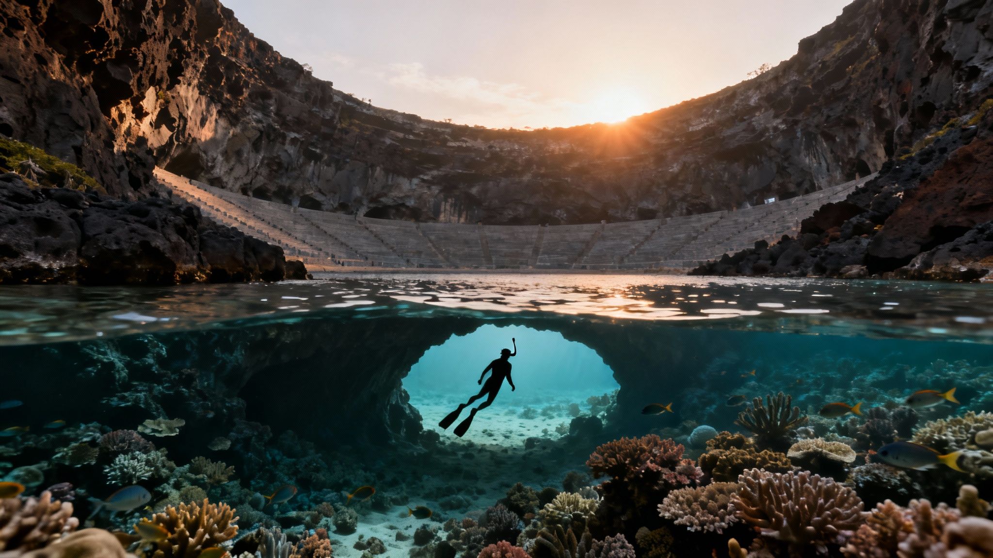 A split view image showing an ancient amphitheater cave above water and a snorkeler exploring coral reefs below.