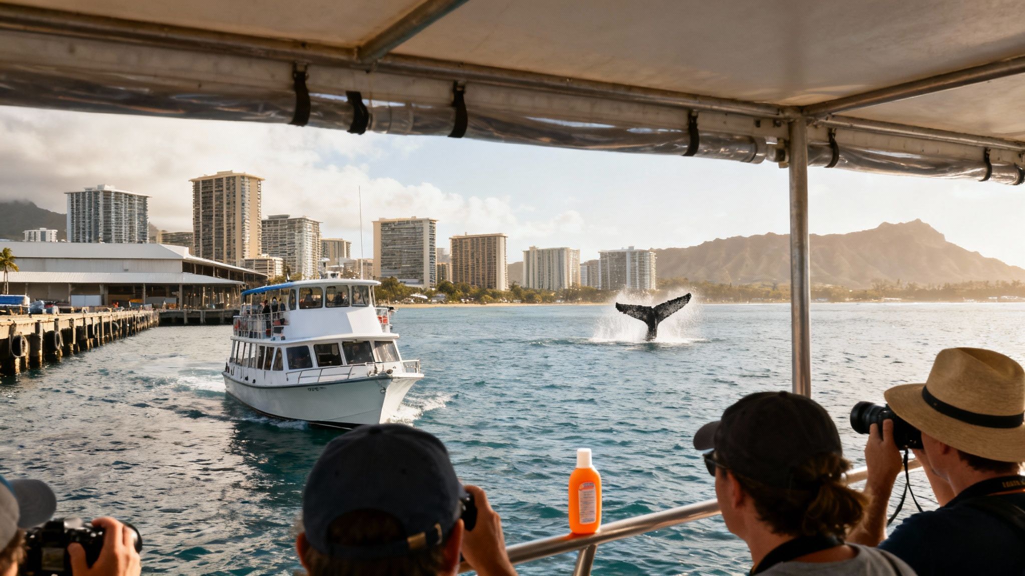 Humpback whales swimming together in the clear blue waters off Honolulu, Oahu.
