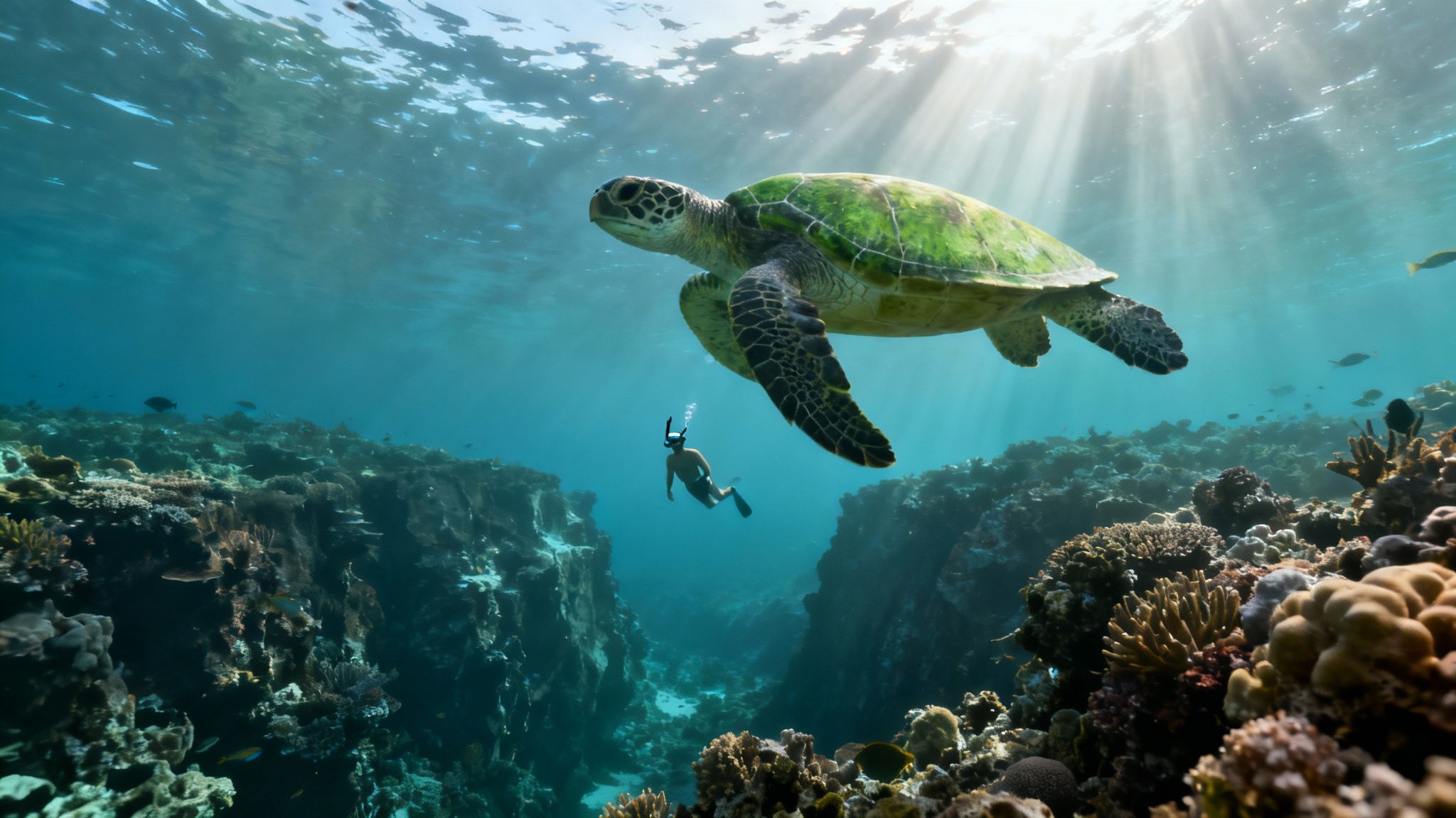 A diver swims near a majestic green sea turtle over a vibrant coral reef, bathed in sunlight.