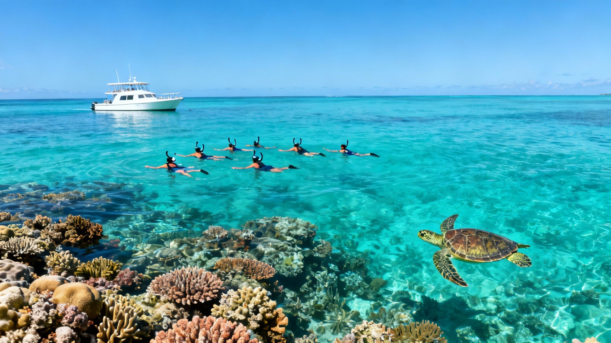 People snorkeling over colorful coral reefs with a sea turtle and boat in clear tropical waters.