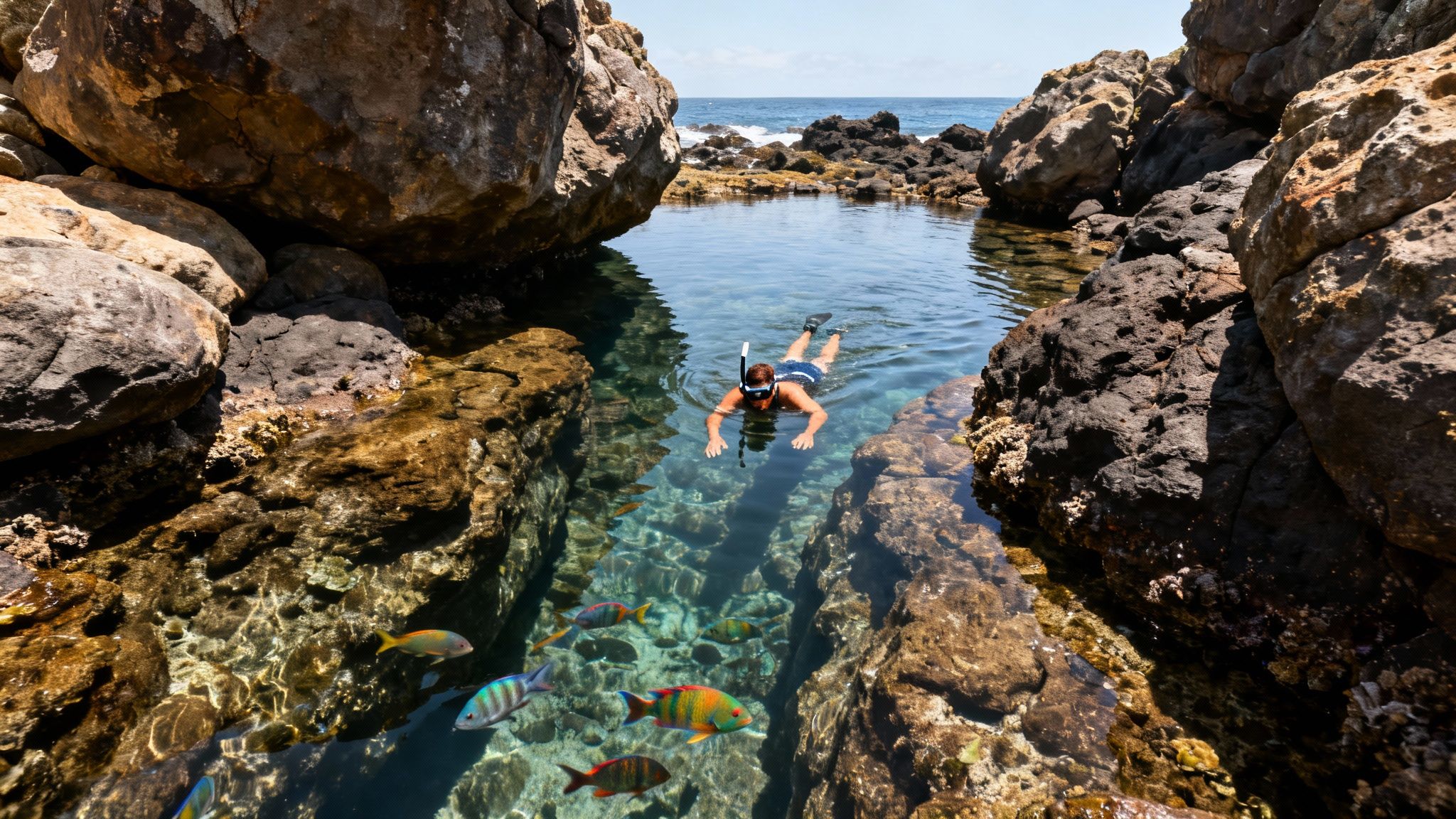 A person snorkeling in a natural rock pool with vibrant tropical fish under clear blue sky.