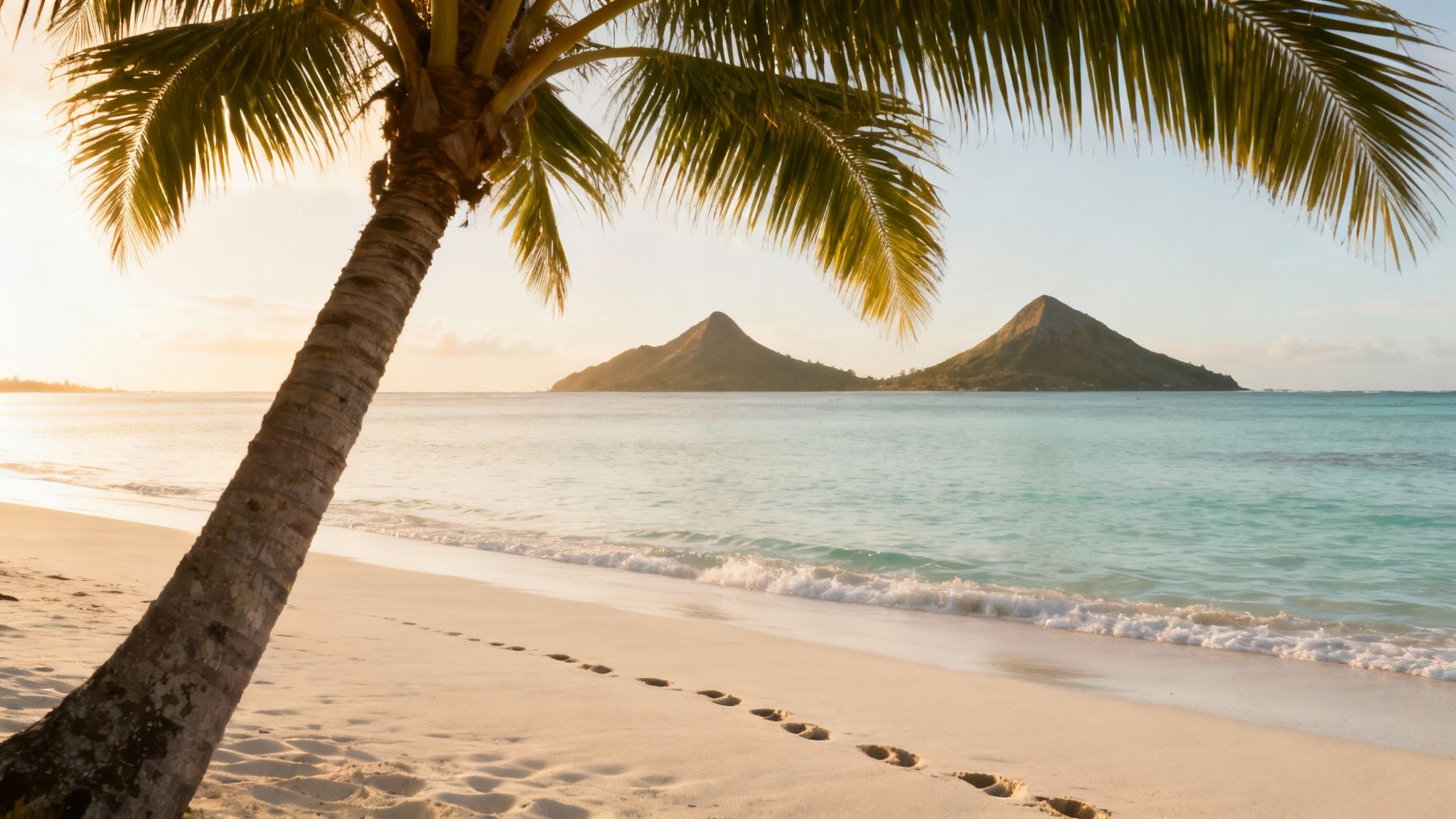 A tranquil tropical beach with a palm tree, footprints in sand, and islands in the distance at sunrise.