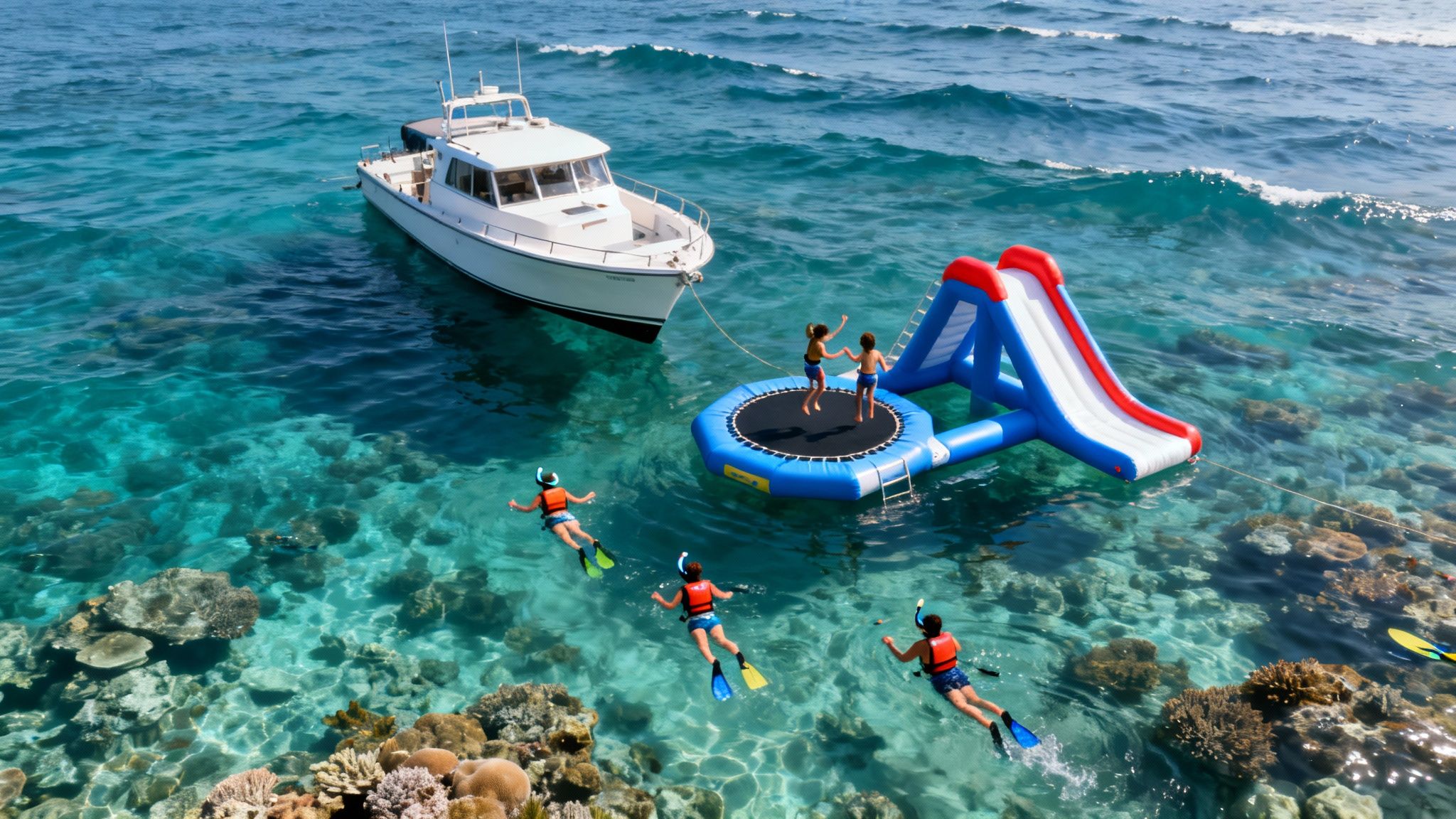 A family enjoys snorkeling and an inflatable water park in crystal-clear tropical waters near a boat.