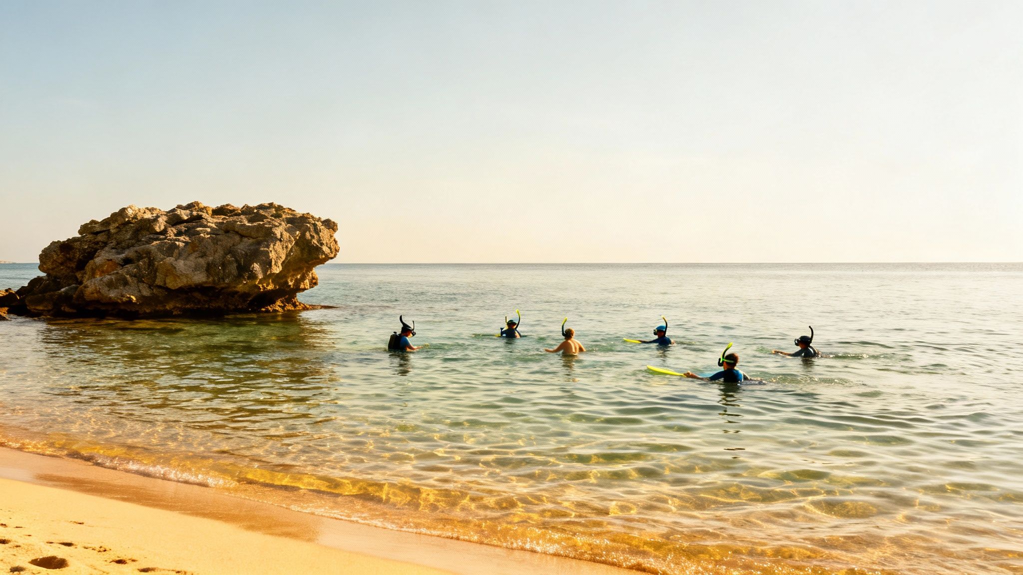 A group of people snorkeling in shallow, clear ocean water near a sandy beach and large rock.