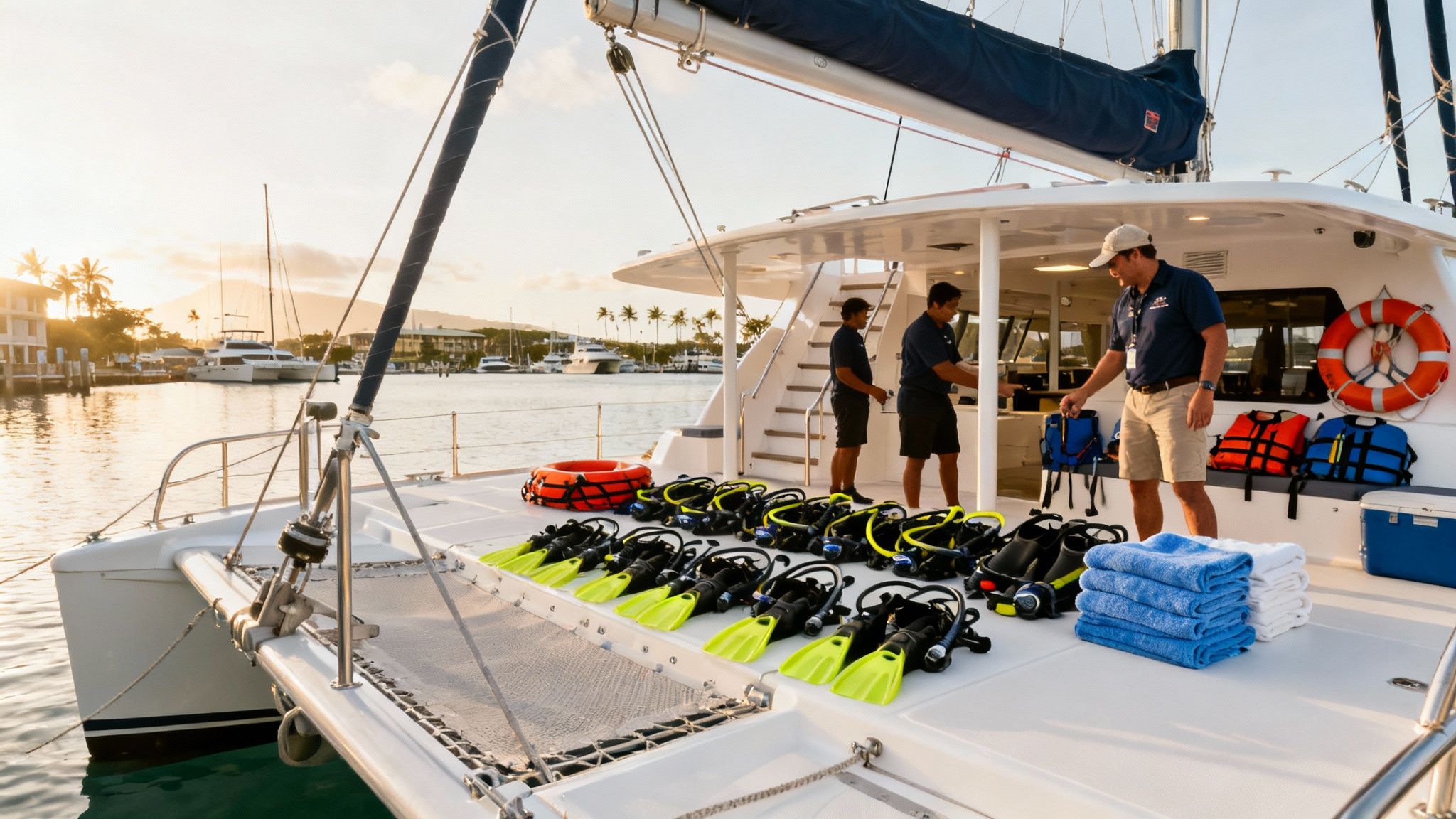 Crew members prepare diving gear on a catamaran for a private boat charter excursion in a scenic marina.