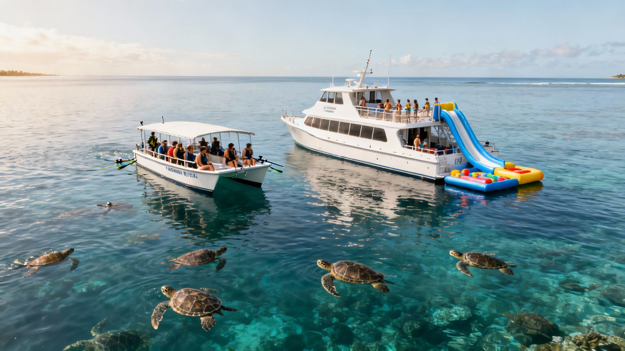 People on two boats, including one with a slide, enjoy clear ocean water with swimming sea turtles.