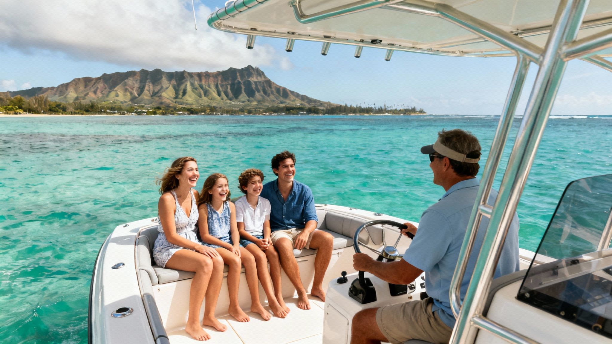 A happy family enjoys a private boat charter with a captain in Hawaii's clear waters.