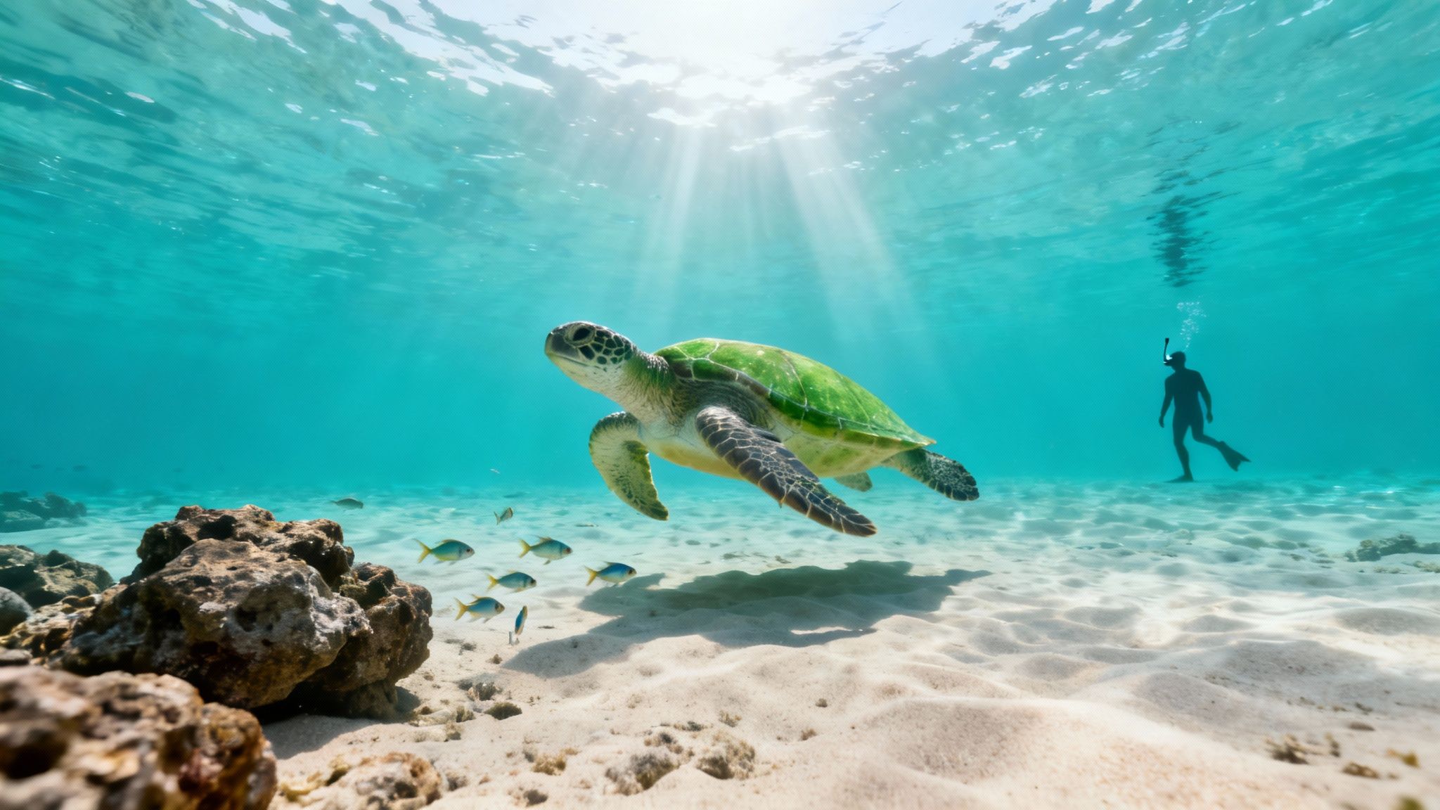 Green sea turtle swims gracefully underwater with sun rays, a sandy seabed, fish, and a distant snorkeler.
