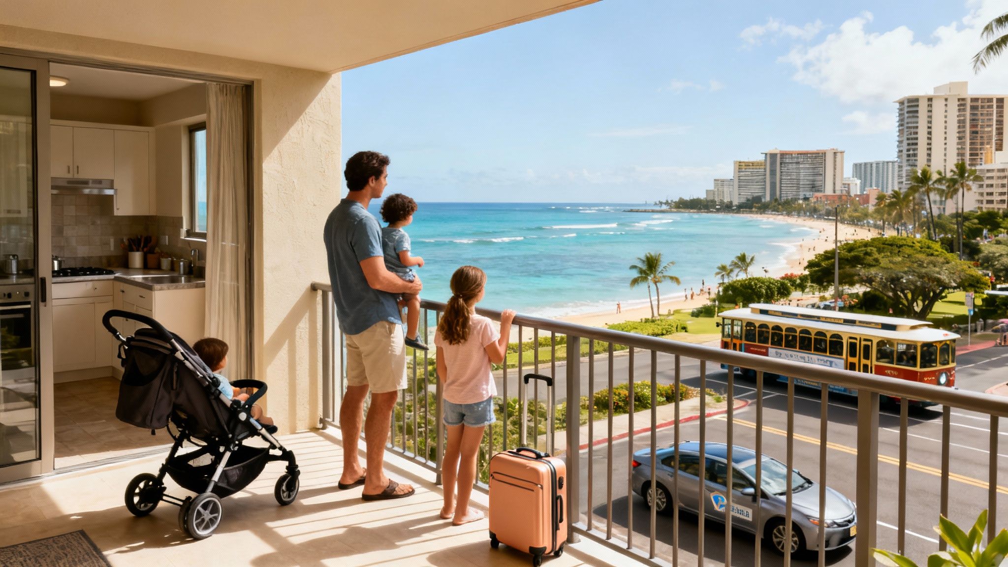 Family on a sunny balcony with ocean views, a beach, and a city in the distance.