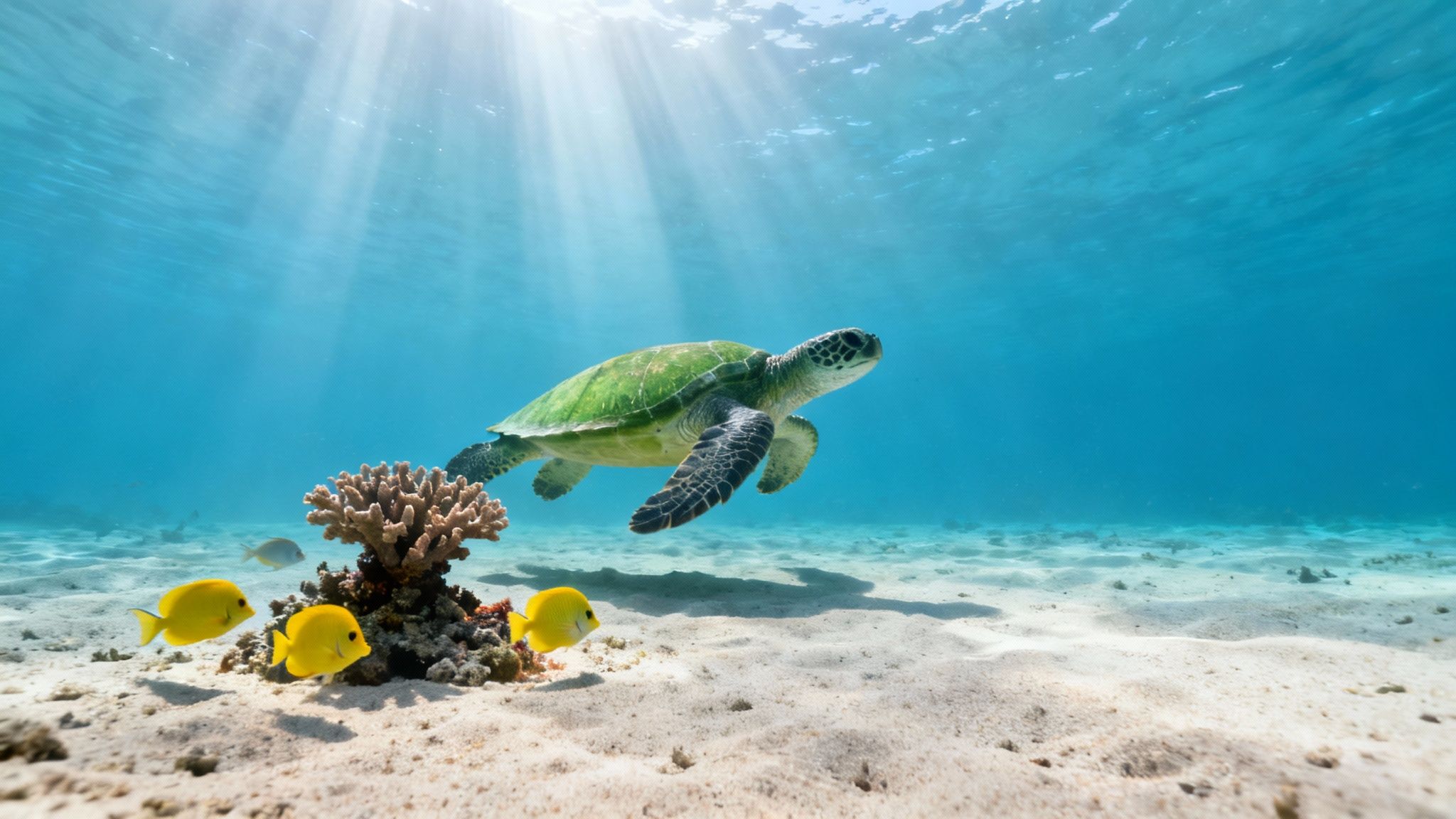 A green sea turtle swims gracefully over a sandy ocean floor with coral and yellow fish.