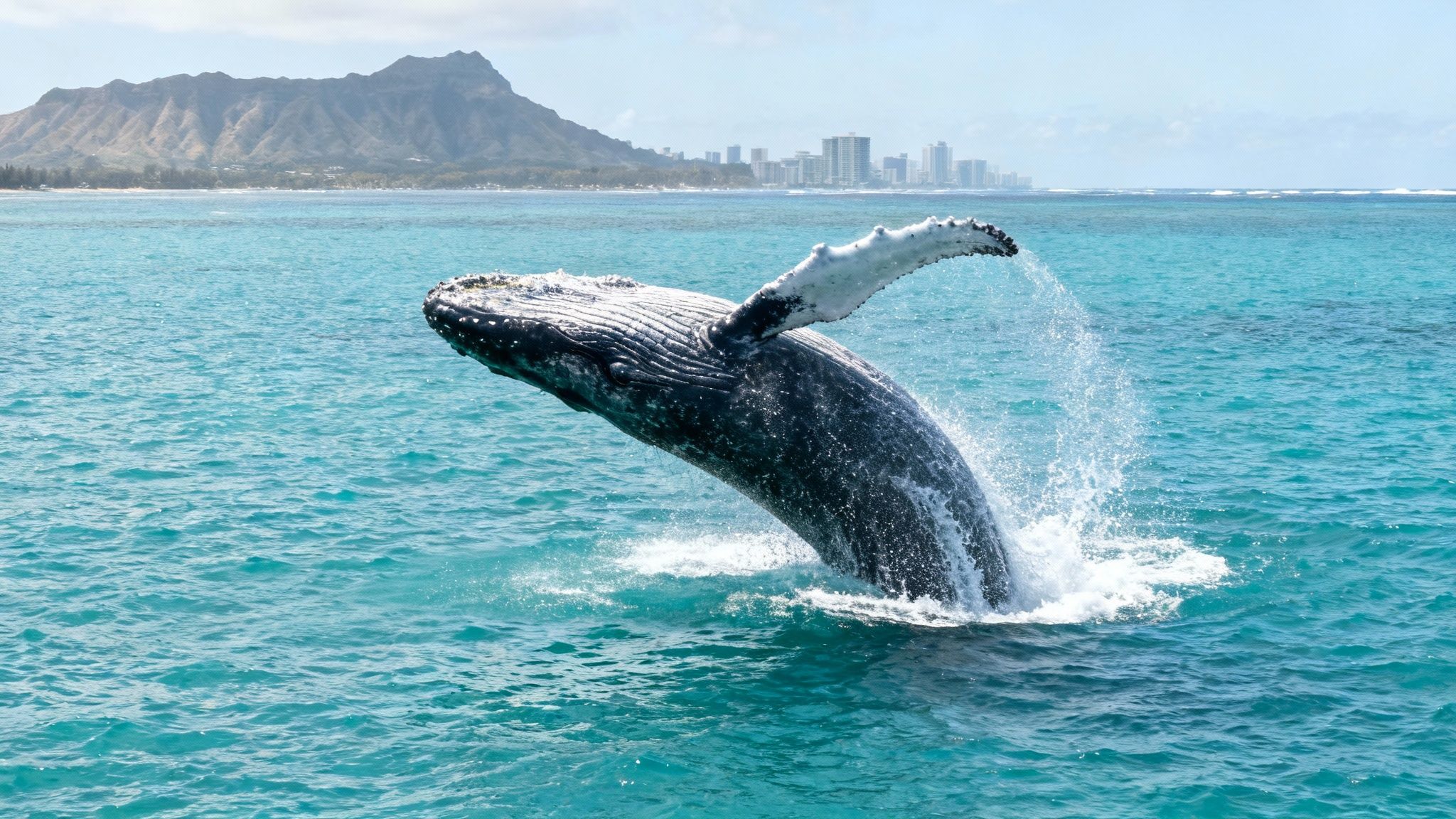 A massive humpback whale breaching out of the water with the Honolulu coastline in the background.