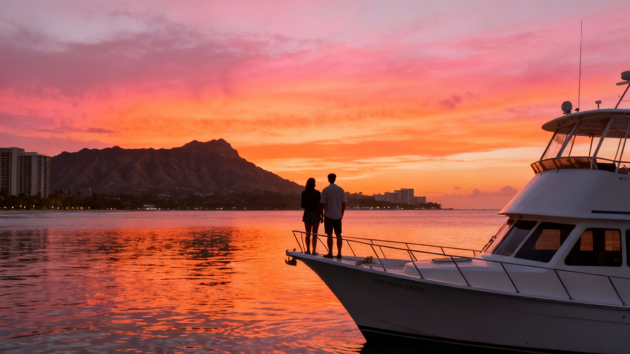 A couple watches a vibrant pink and orange sunset from the bow of a yacht in Hawaii.