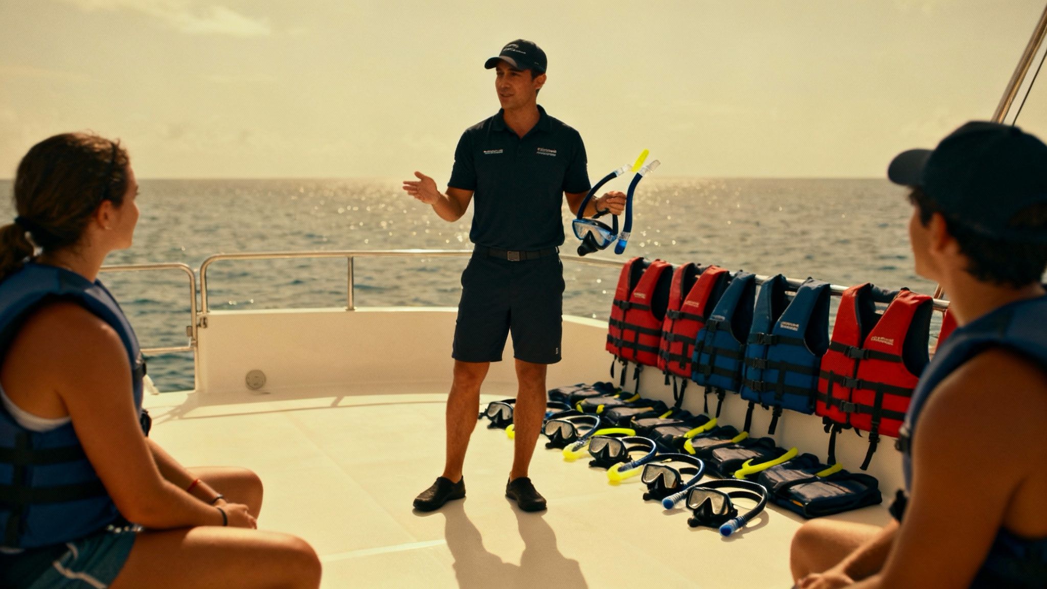 An instructor on a boat holding snorkel gear explains to two participants wearing life vests, with more equipment lined up.