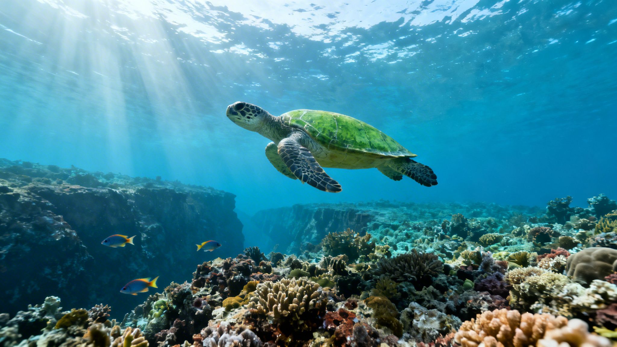 A majestic green sea turtle swims above a vibrant coral reef with sun rays shining through clear blue water.