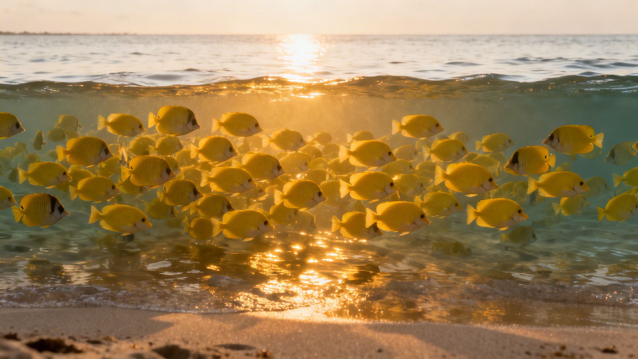School of yellow fish swimming in clear ocean water at sunset near a sandy beach.