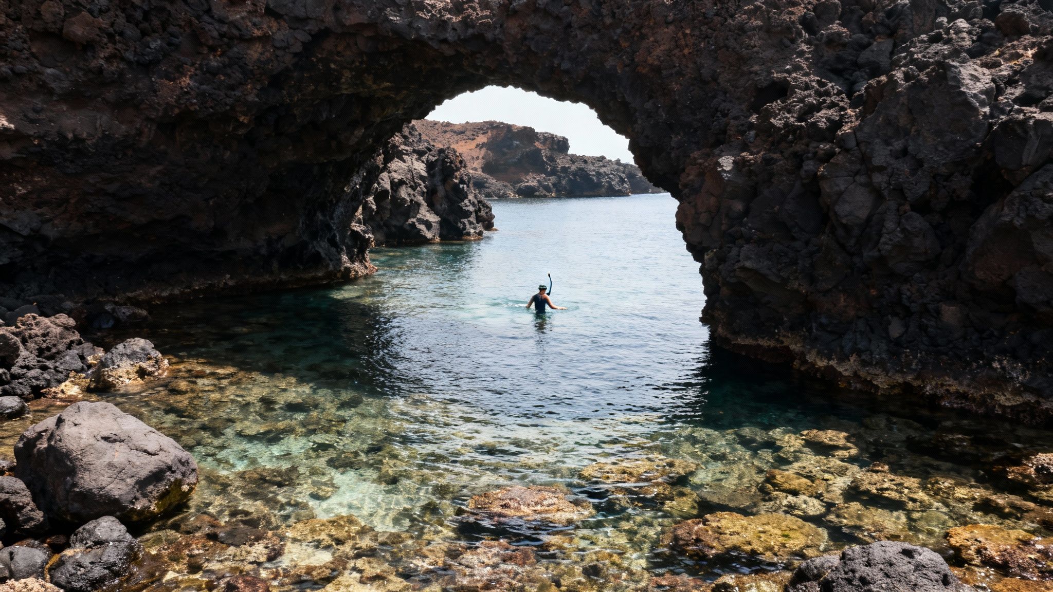 A person snorkeling in clear ocean water under a large natural rock arch on a sunny day.