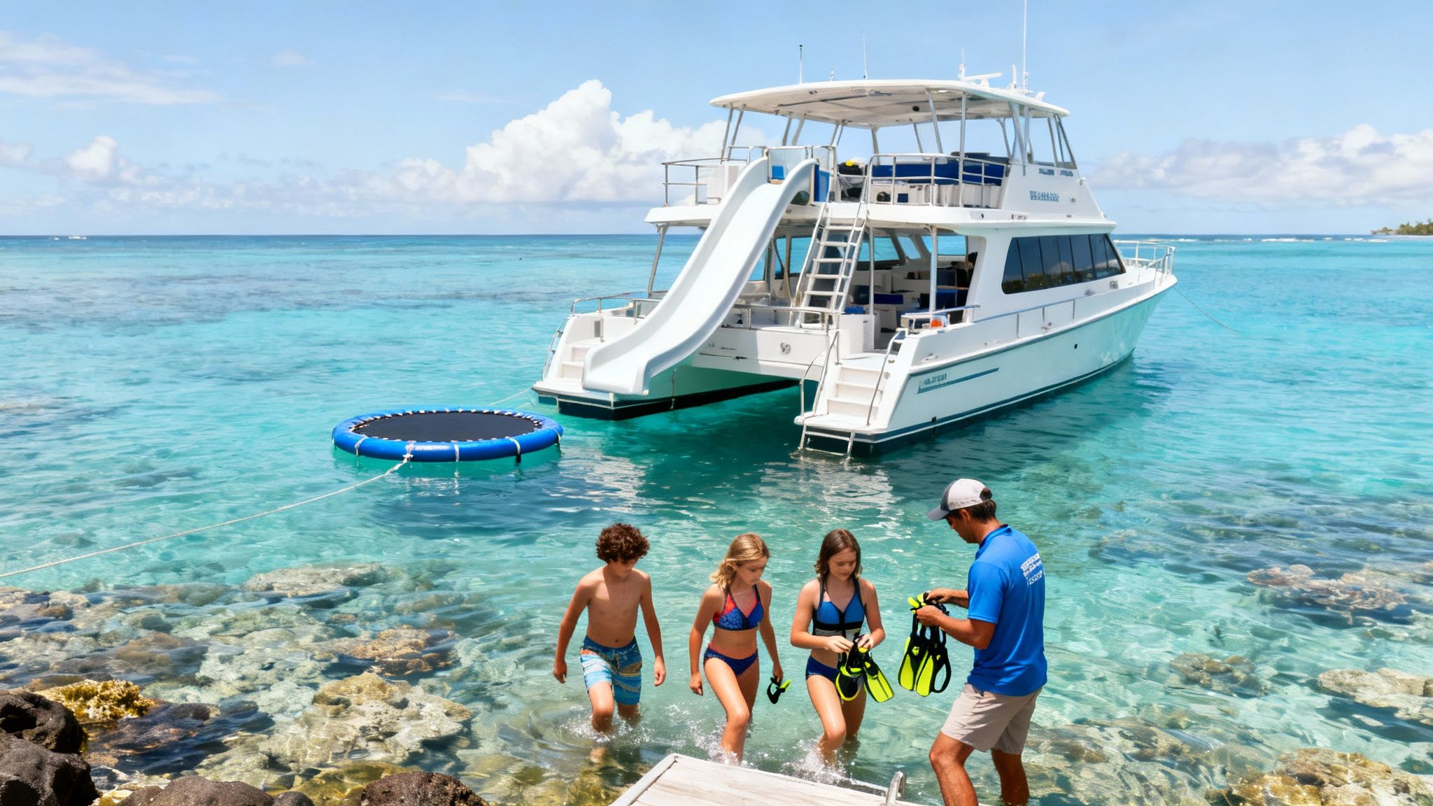 Children and instructor preparing for snorkeling by a catamaran with a water slide and trampoline.