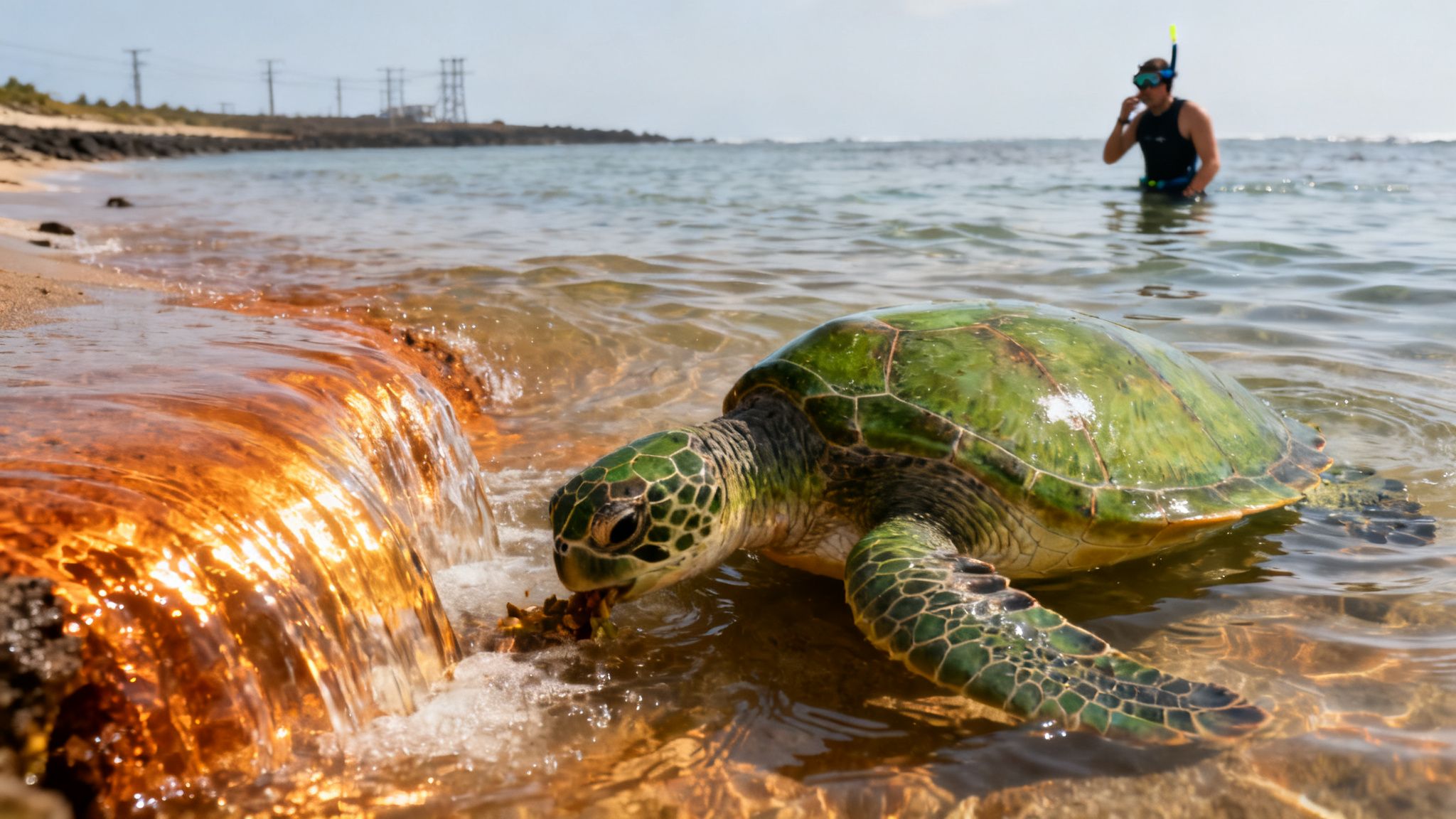 Green sea turtle feeding at the water's edge, vibrant orange stream and snorkeler visible.