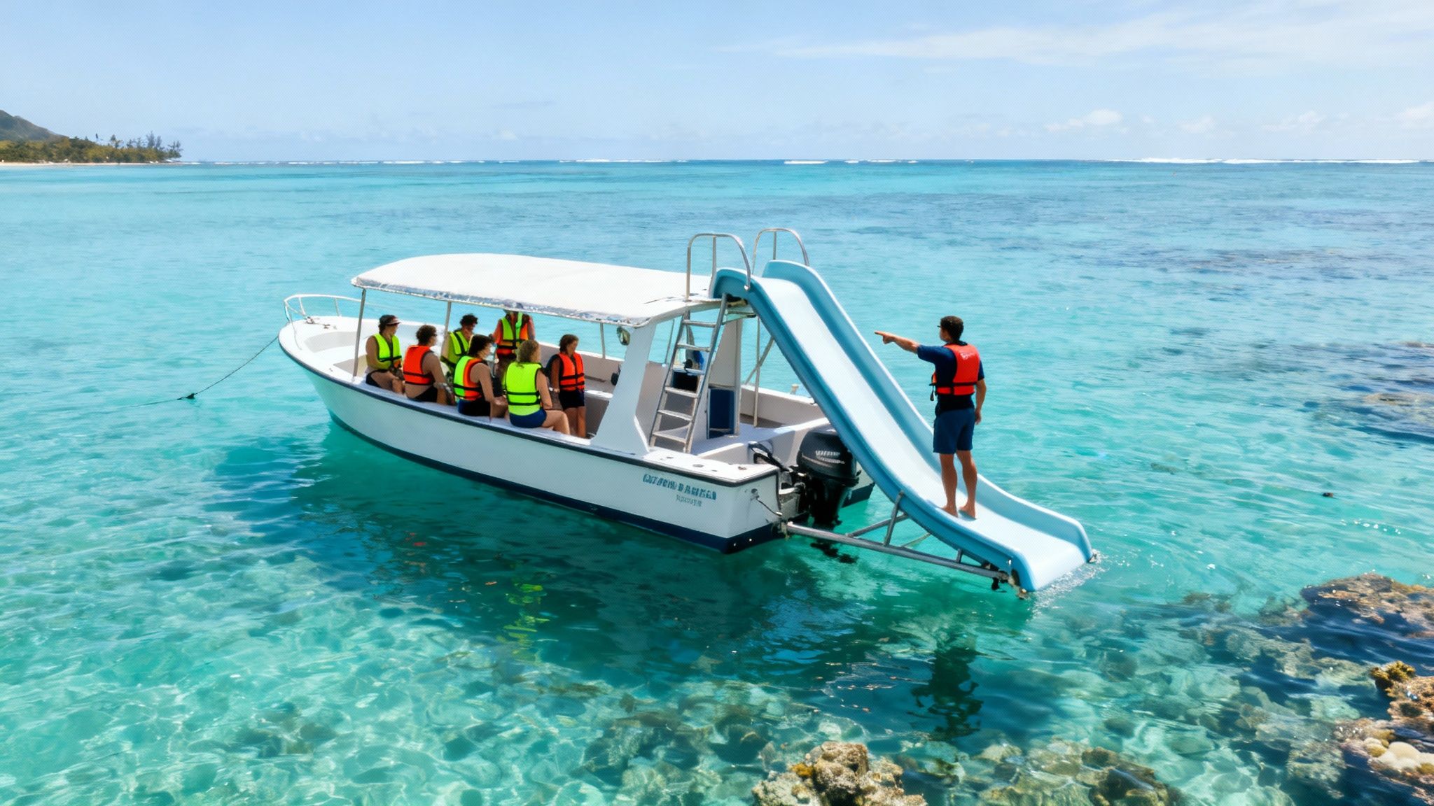 A tour boat with a slide is anchored in clear turquoise water with people in life vests. A guide points.